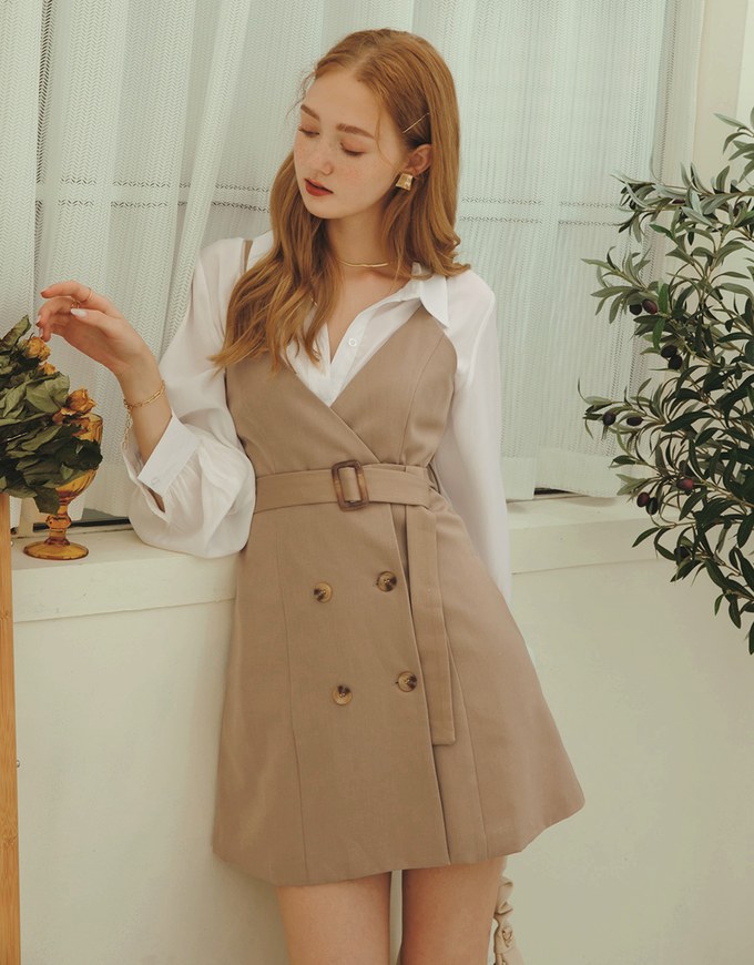 Korean Style Thin Straps Double-Breasted Belted Mini Dress
