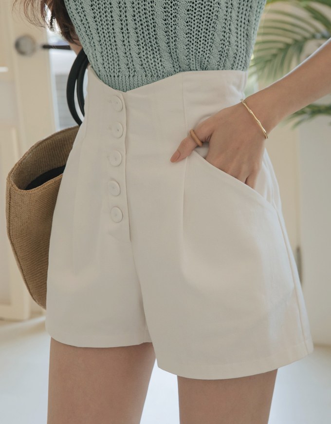 High-Wested Buttoned Slimming Elastic Shorts