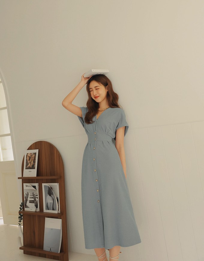 Soft Crease Button Up Cinched Waist Maxi Dress