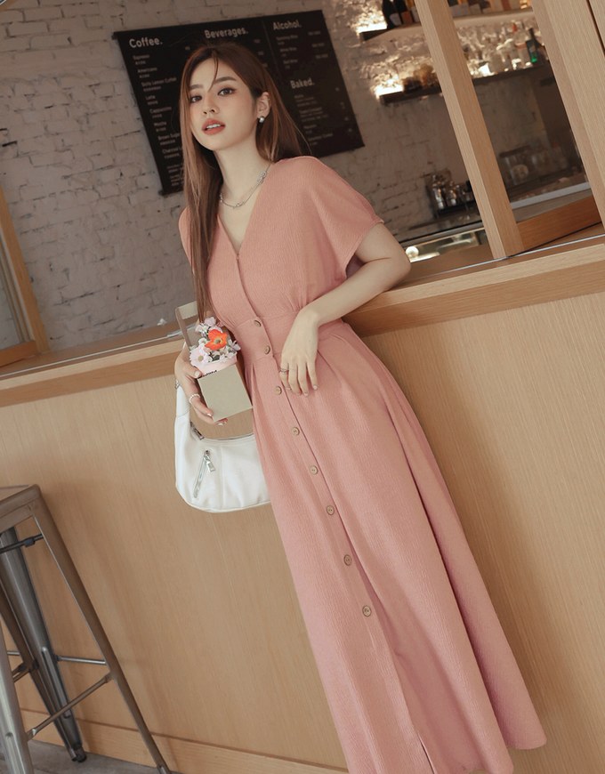 Soft Crease Button Up Cinched Waist Maxi Dress