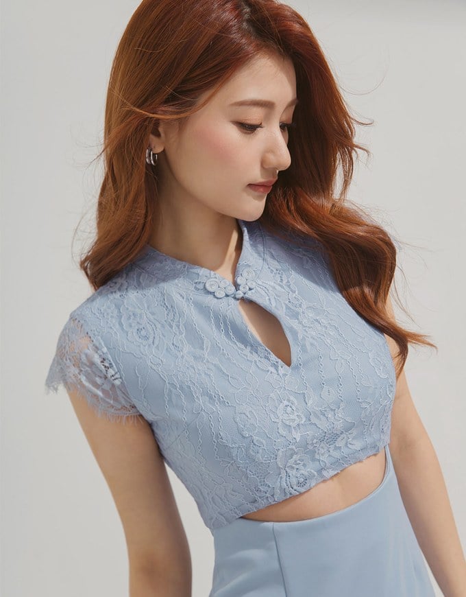Lace Stitching Waist Cutout Mini Cheongsam Dress