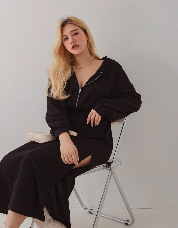 Laidback Side-Slit Hoodie Maxi Dress