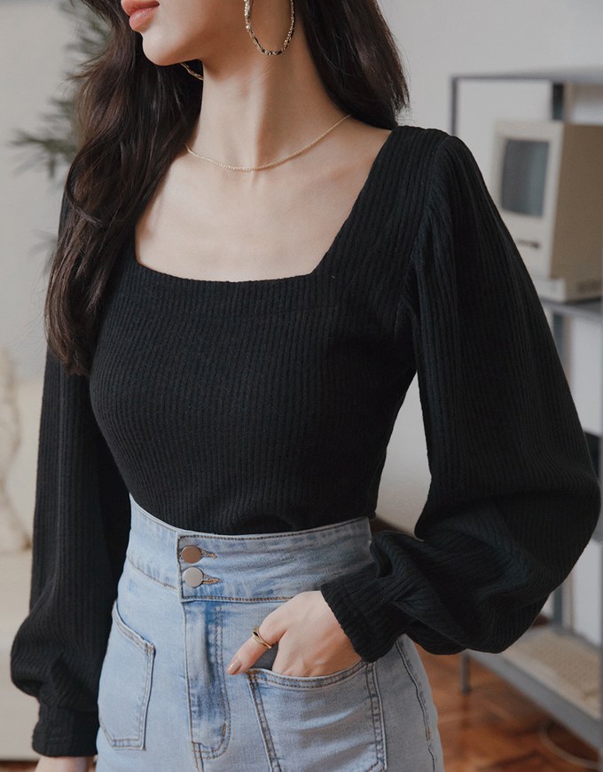 Vintage Square-Neck Puffy Suede Top