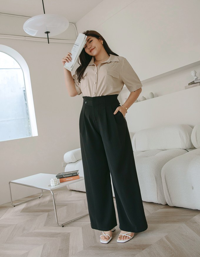 360° High-West Side-Button Pleated Wide Pants - AIR SPACE