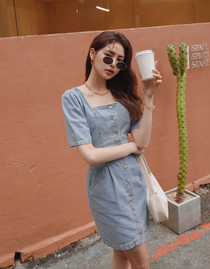Summer Casual Women Denim Dress Slim Fit Simple Korean Style Ruffle  Turn-down Collar Short Sleeve Single Breasted A-line Frocks - AliExpress