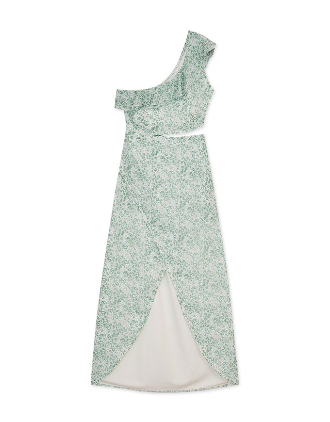 One-Shoulder Floral Slit Long Dress (With Padding)