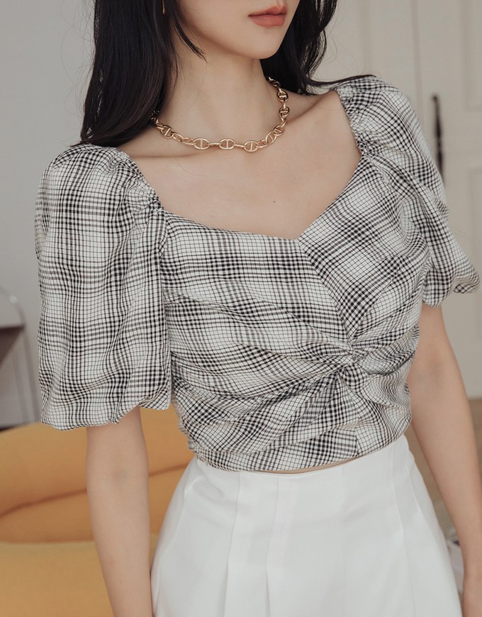 Front Twist Checkered Puff Sleeve Top - AIR SPACE