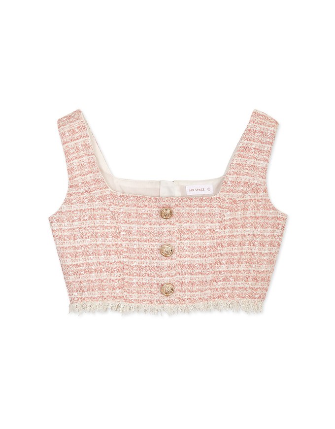 Square Neck Tweed Gold Button CropTank Top