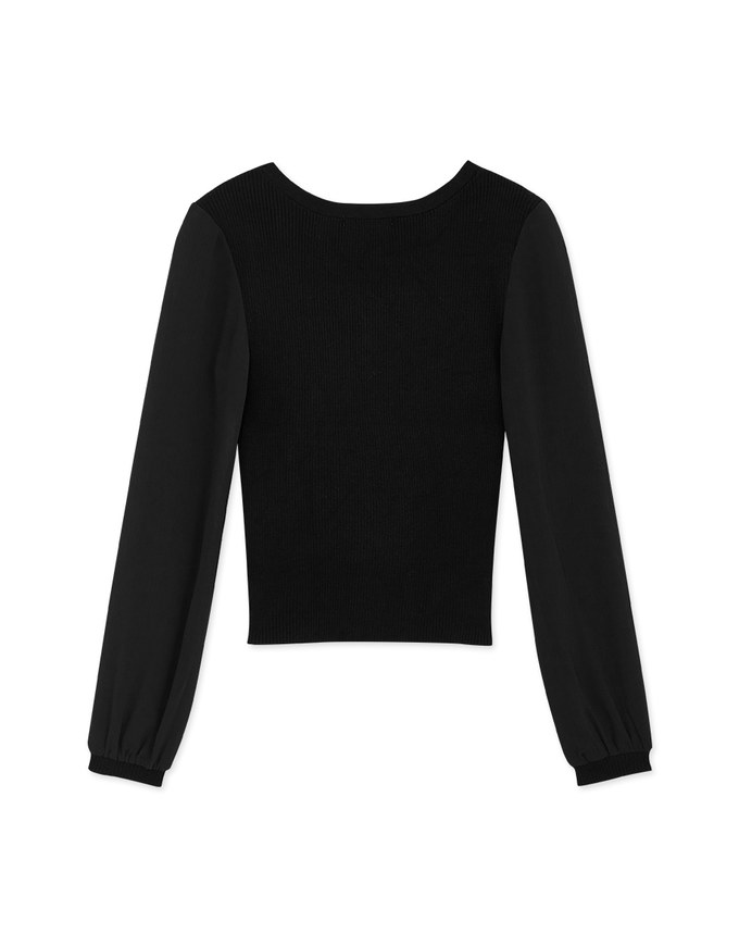 V Neck Splice Mesh Buttoned Knit Top - AIR SPACE