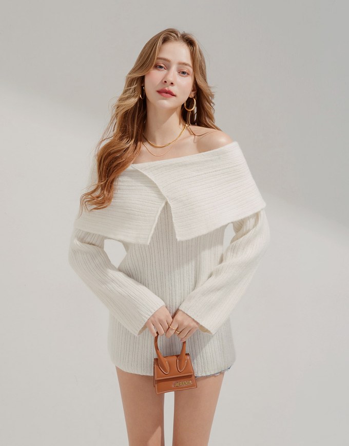 2Way Strapless Lapel Loose Knit Sweater - AIR SPACE