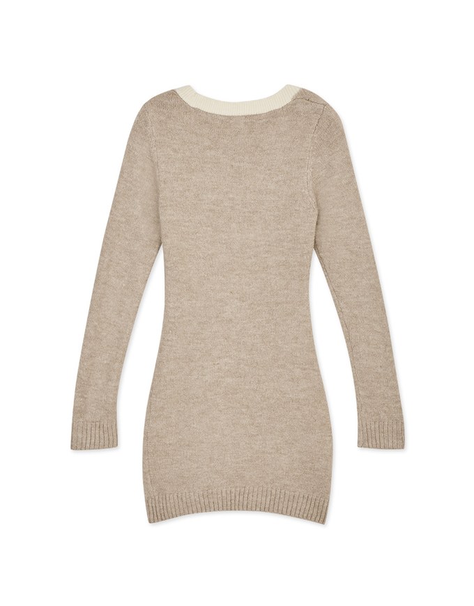 V-Neck Buttoned Knitted Min Dress