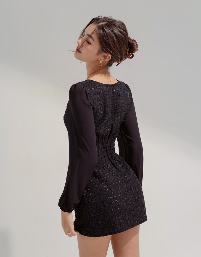 Chic Bead Buttoned Puffed Sleeve Mini Dress