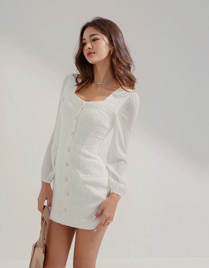 Chic Bead Buttoned Puffed Sleeve Mini Dress