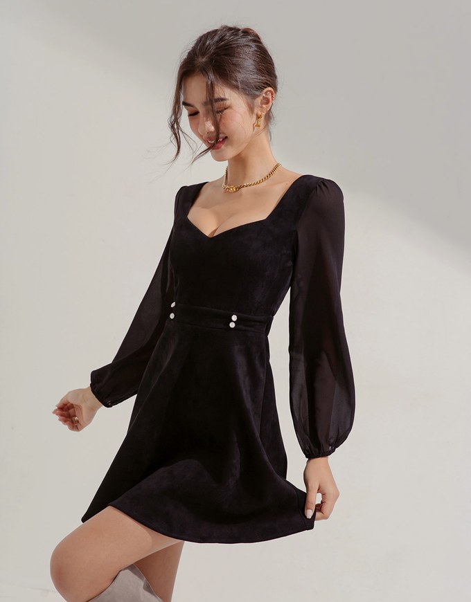 Square-Neck Bead-Button Stitched Suede Mini Dress