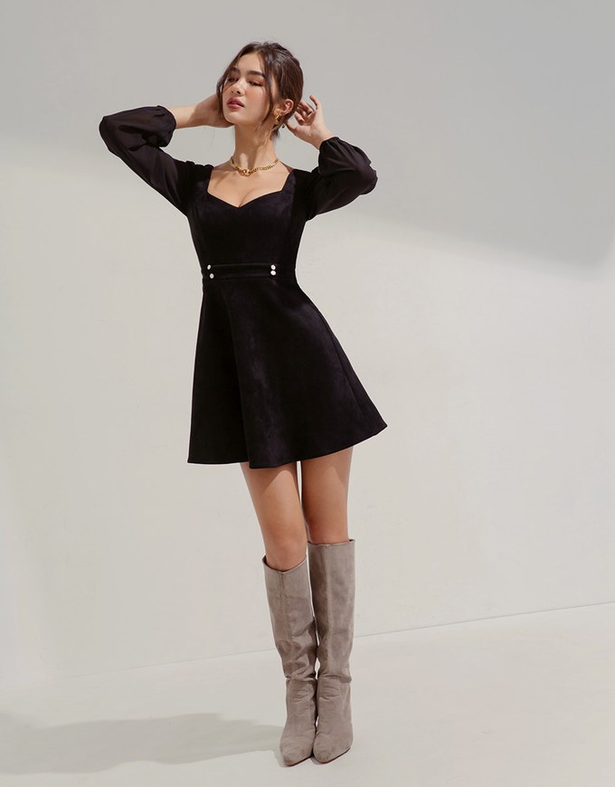 Square-Neck Bead-Button Stitched Suede Mini Dress