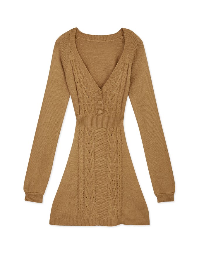 V-Neck Button-Down Twist-Knit Mini Dress