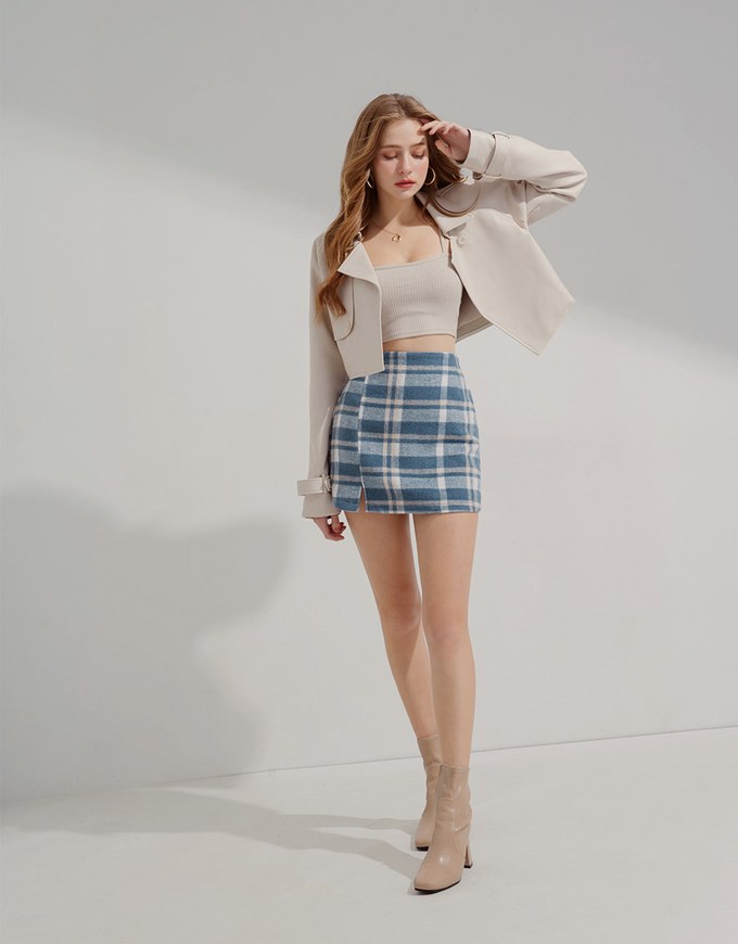 Checked Tweed Slit Skirt - AIR SPACE