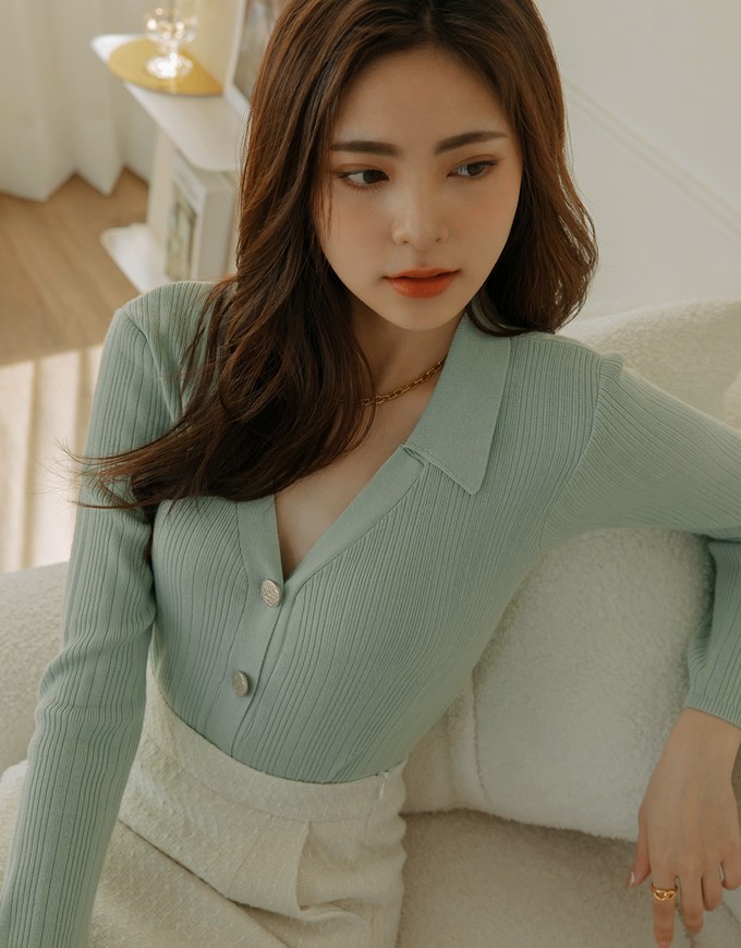 Lapel Collar Button Down Ribbed Knit Top