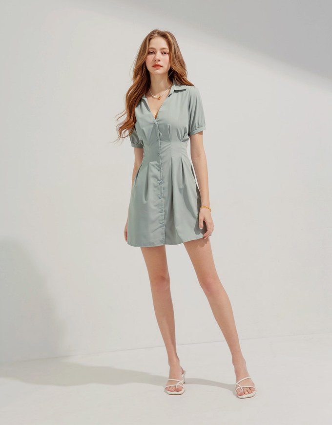 Open Collar Button Down Waist Mini Dress