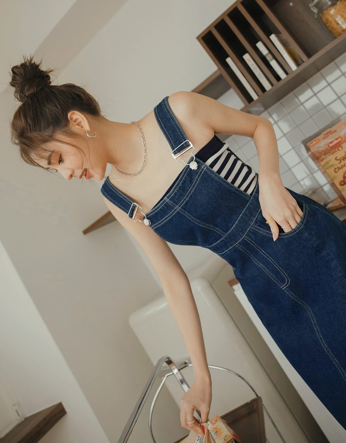 Denim Maxi Dungaree Dress in Denim