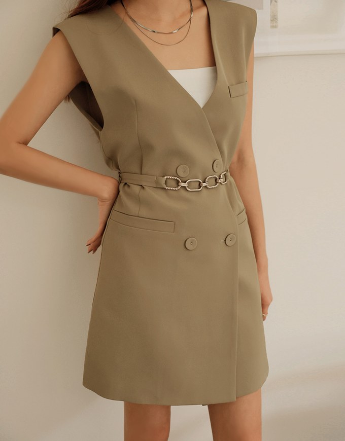 Double Breasted Suit Vest Mini Dress (With Belt) - AIR SPACE