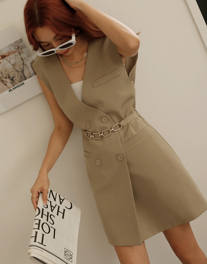 Double Breasted Suit Vest Mini Dress (With Belt) - AIR SPACE