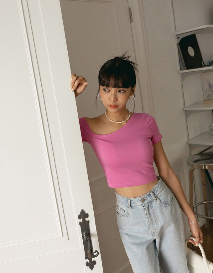 Sloping Shoulder Silky Crop Top