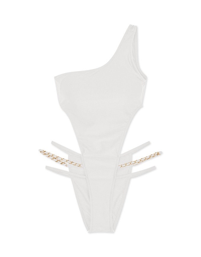 One-Shoulder High Slit Gold Chain Hollow One-Piece Swimsuit