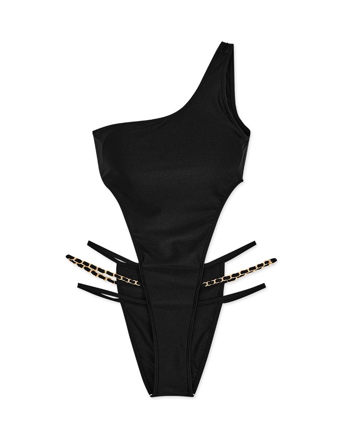 One-Shoulder High-Slit Gold Chain Hollow One-Piece Swimsuit (Extended Length)