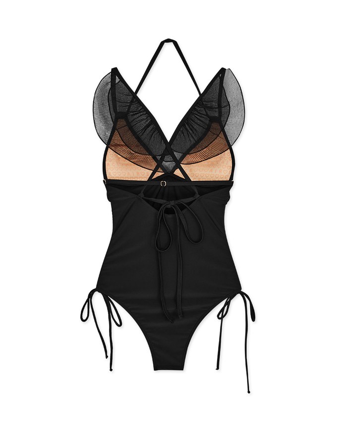 【Lisa's Design】 Double Strap Mesh One-Piece Swimsuit (Thick Padded & Extended Length)