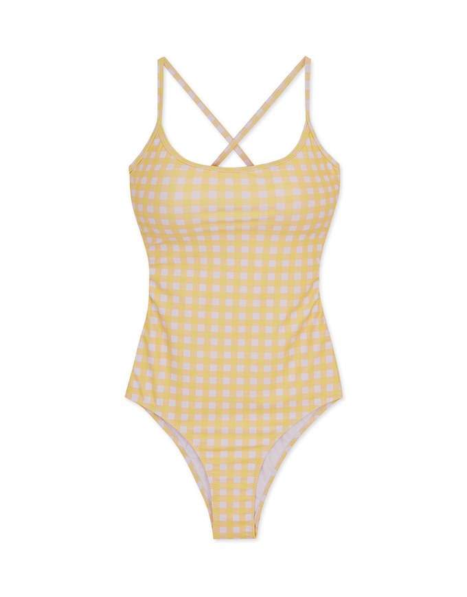 [A Yuan Collection] Thin Shoulder Plaid Lace-Up One-Piece Swimsuit