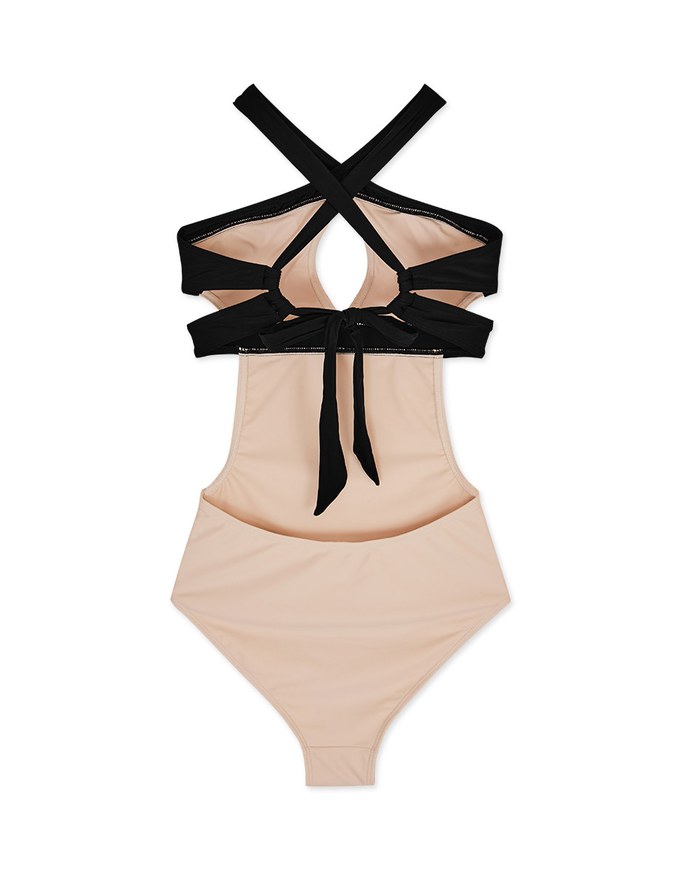 A Yuan Collection] Texture Contrasting Color Cross Strap One-Piece