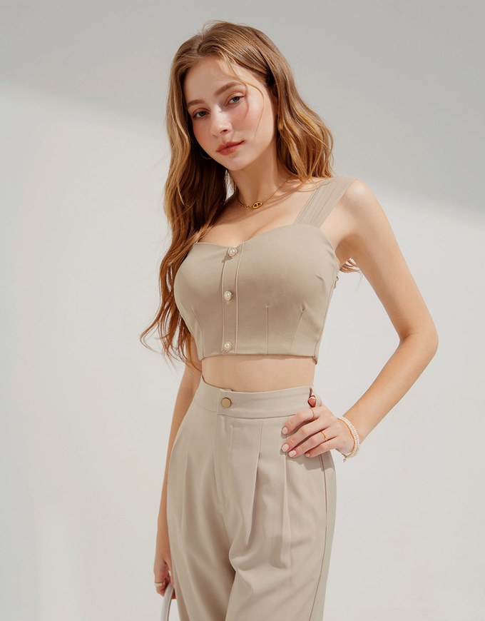 Sheer Strap Pearl Buckle Tank Top (With Padding)