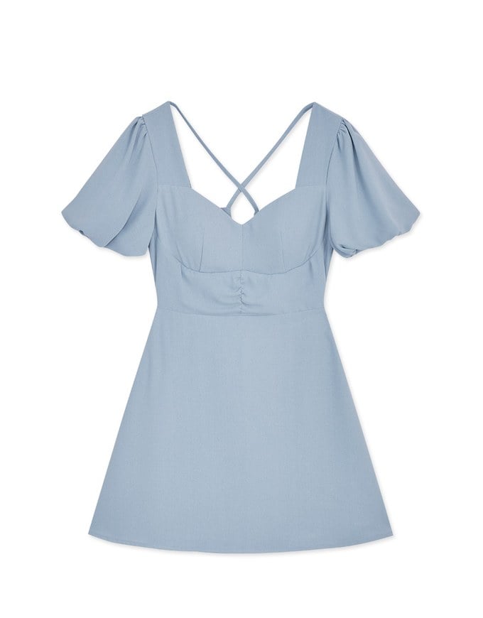 Peach Heart Neck Puffed Sleeves Strap Mini Dress (With Chest Pad)