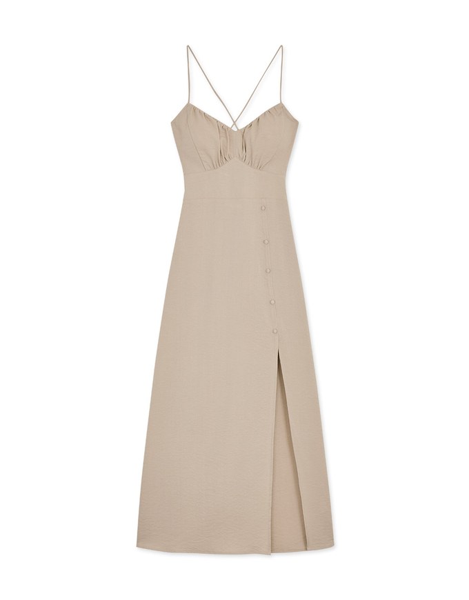 Wrinkle Waist Slit Long Dress (With Padding)