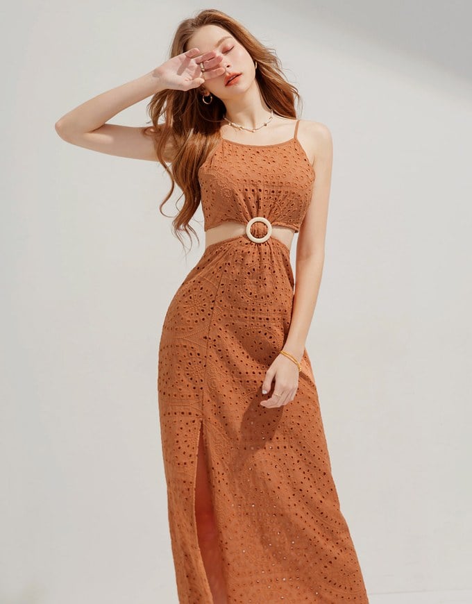 Waist Tie Hollow Long Dress (WithPadding)