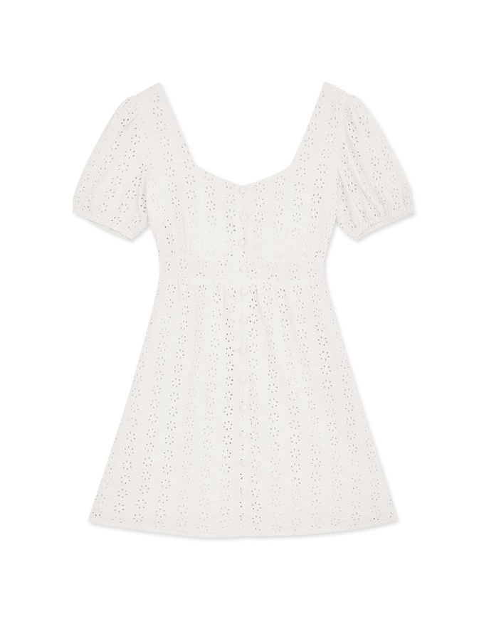 Broderie Anglaise Lace With Puffed Sleeves Mini Dress(With Padding)