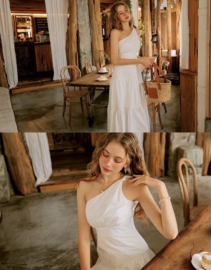 Slanted Shoulder Shirred Long Dress (With Padding)