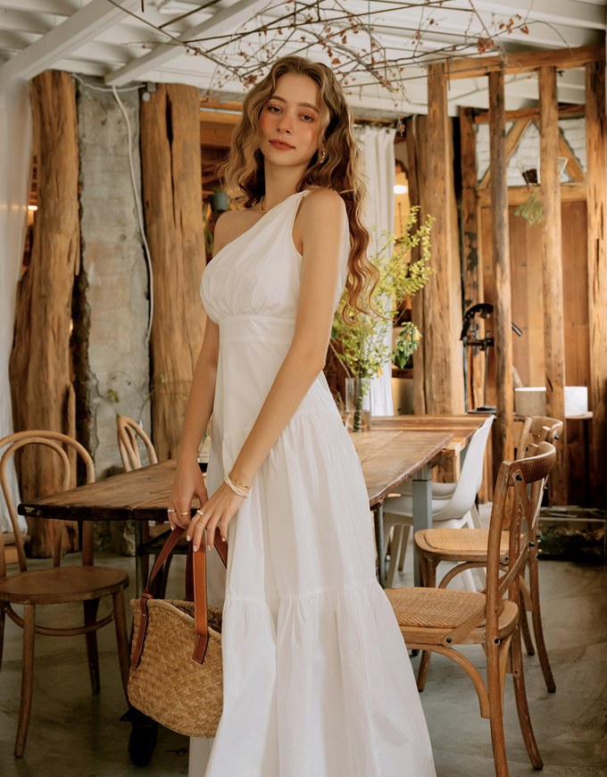 Slanted Shoulder Shirred Long Dress (With Padding)