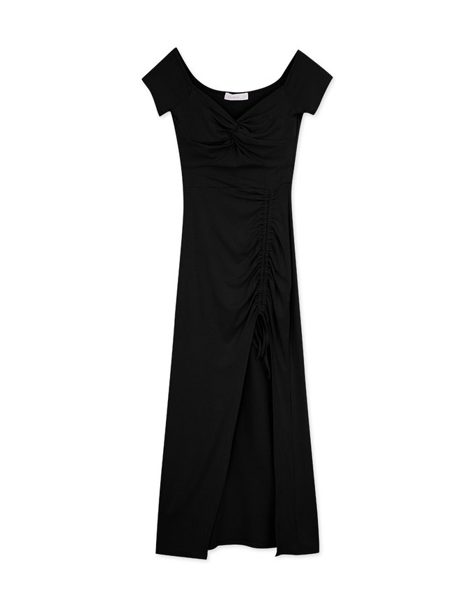 Flat Knotted Drawstring Slit Long Dress (With Padding)