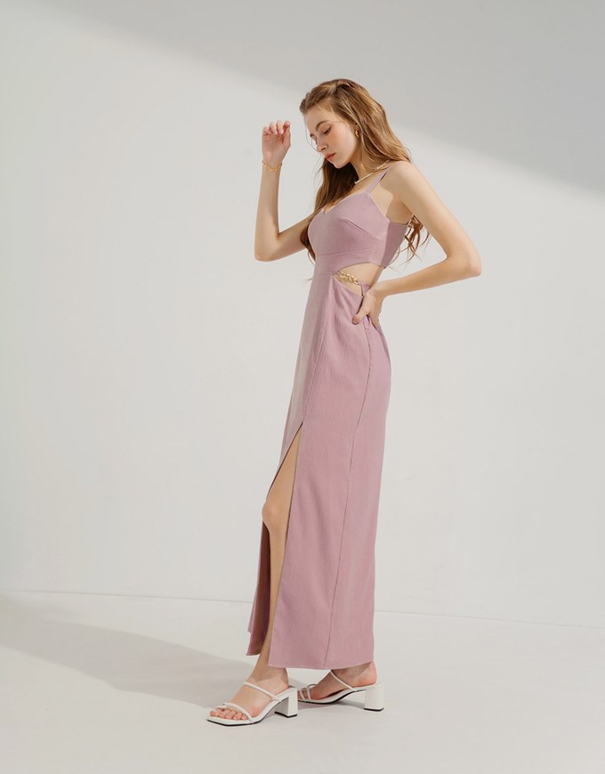 Gold Chain Hollow Slit Long Dress (With Padding)