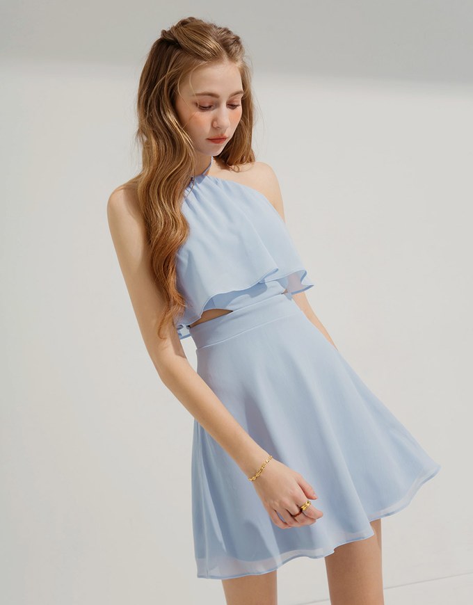 Shaved Shoulder Round Neck Hollow Short Dress (With Padding)