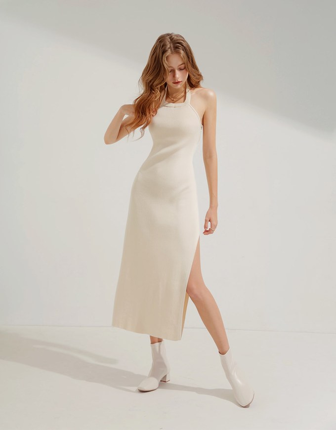 Knitted Round Neck Hollow Slit Long Dress