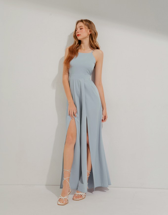 Cutout Shoulder Chain Slit Jumpsuit