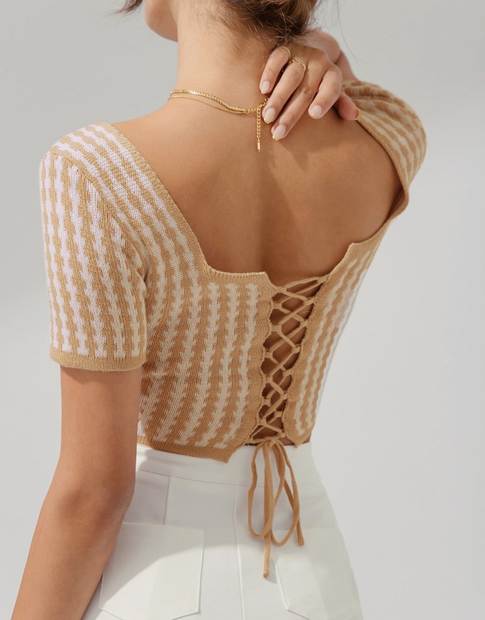 2Way Square Neck Tie Cropped Knit Top - AIR SPACE