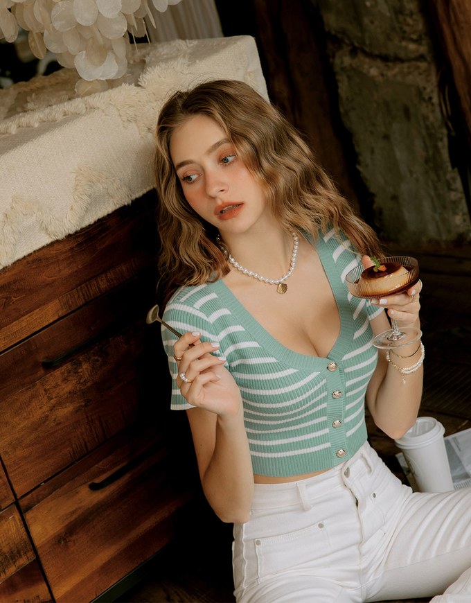 Striped Button-Breasted Knitted Top
