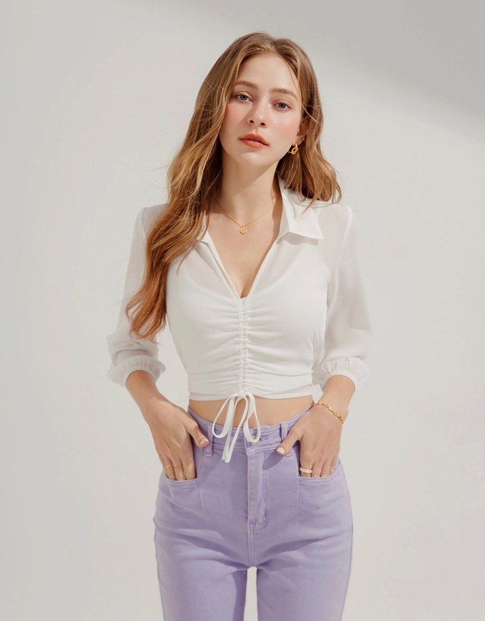 Two-Piece Sheer Drawstring Cropped Shirt