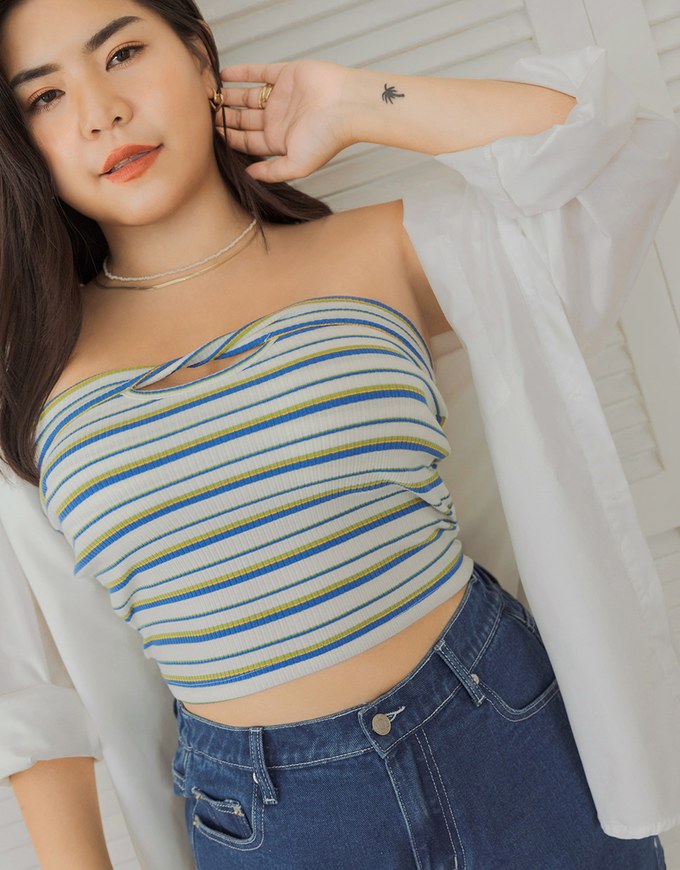 Contrast Striped Knotted Tube Top (With Padding)