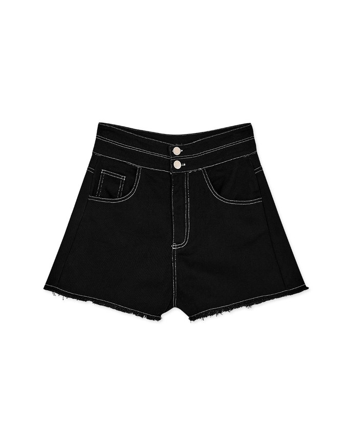 Stitched Distressed Hem Denim Shorts