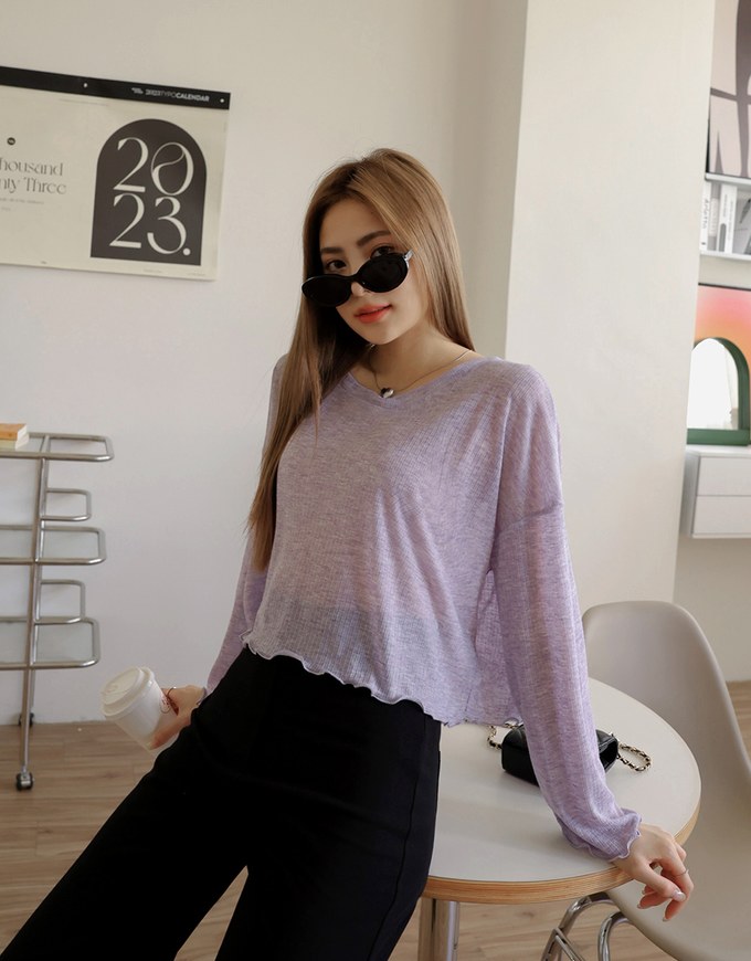 Lettuce Hem Sheer Long Sleeve Top